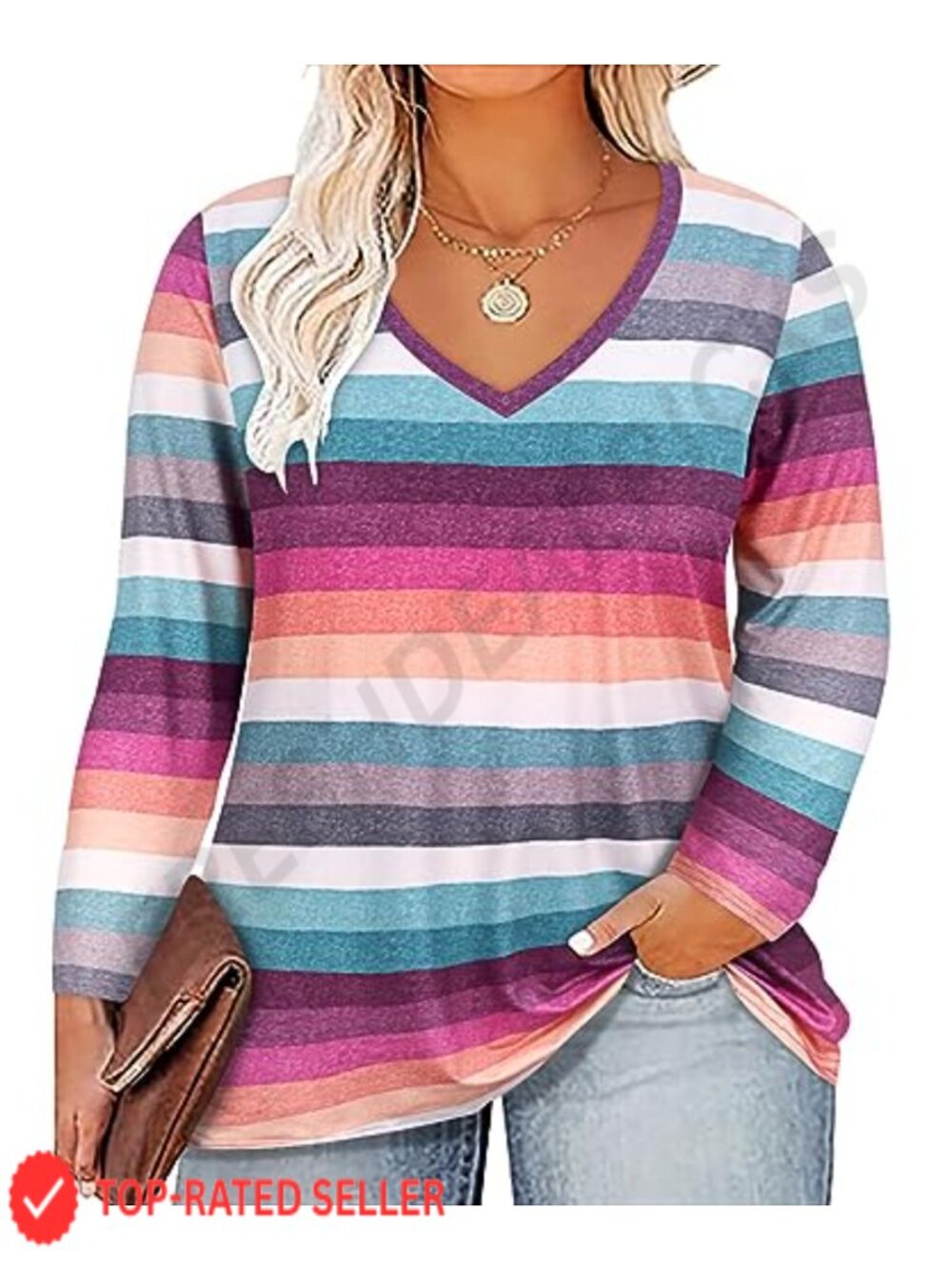 Women's Plus Size Long Sleeve Tunic Top V-Neck Floral Print Loose Fit